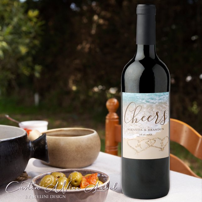 Blåhavets Vinkara tropiska Beach-bröllop Vinflaska Etikett (Skapare uppladdad)