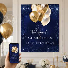 Blåhavsballonger i glitter guld välkomnas poster