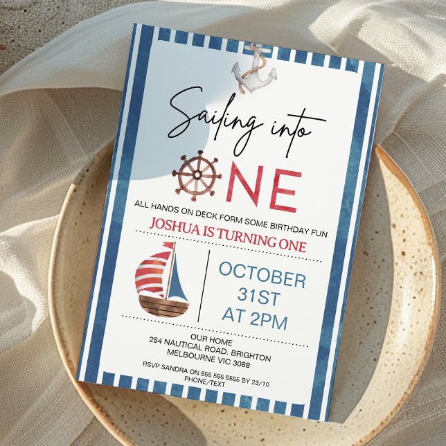 Blåhavsbåt i sjön 1:a födelsedag inbjudningar (Navy Blue and Red Sailing into One First Birthday Invitation Nautical Sailing into One 1st Birthday)
