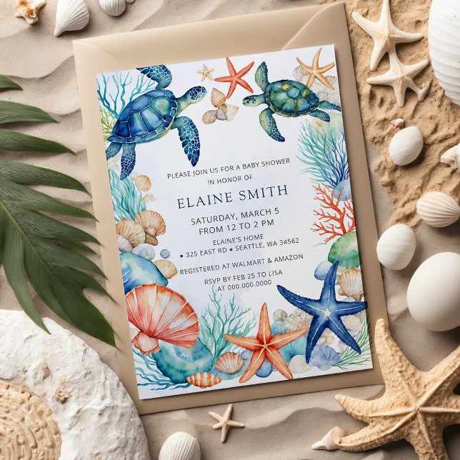 Blåhavsbottnar Bebisusslor för havsbottnen vid hav Inbjudningar (Blue Marine Seashells Ocean Sea Beach Baby Shower Invitation)