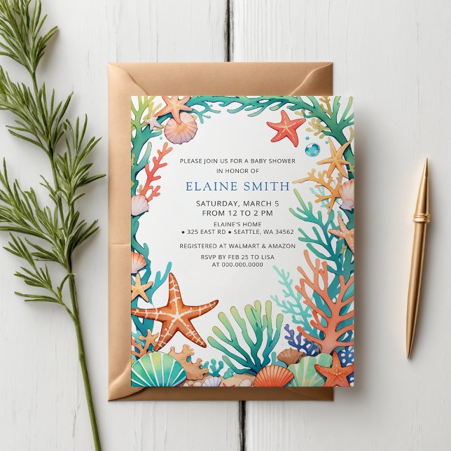 Blåhavsbottnar Bebisusslor för havsbottnen vid hav Inbjudningar (Blue Marine Seashells Ocean Sea Beach Baby Shower Invitation)