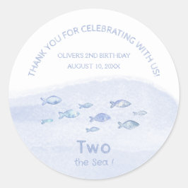 Blåhavsfisk, andra födelsedag, söt tack runt klistermärke