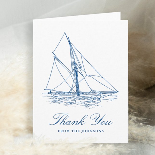 Blåhavsflottan Bröllop Tack Kort (Personalized Sailboat Thank You card for a Navy Blue Elegant Nautical Wedding by Concertina Press)