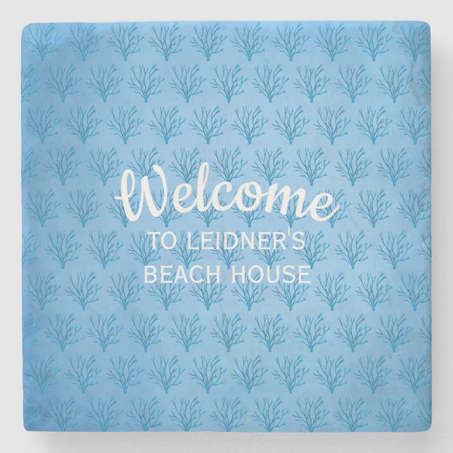 Blåhavskoraller i träd mönster på blå botten stenunderlägg (Framsidan)