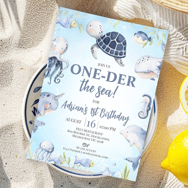 Blåhavssköldpadda 1:a födelsedagen inbjudningar (Oneder the Sea 1st Birthday Invitation for Boy Blue Sea Turtle One-der the Sea First Birthday Invite)