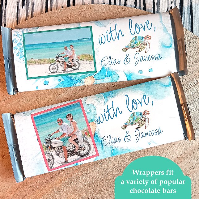 Blåhavssköldpadda Bröllop Candy Pub Wrapper Flygblad (tropical blue wedding party favor candy wrappers, personalized blue chocolate labels sea turtles)