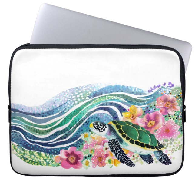 Blåhavssköldpadda och Grönt Lycklig Laptop Fodral (Framsidan)