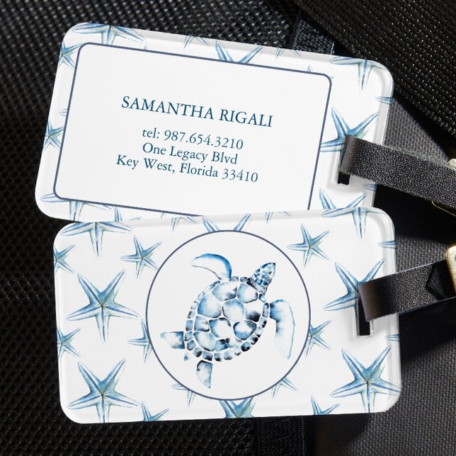 Blåhavssköldpadda och Starfisk Bagagebricka (Sea turtle and starfish luggage tags feature unique watercolor art by Victoria Grigaliunas)