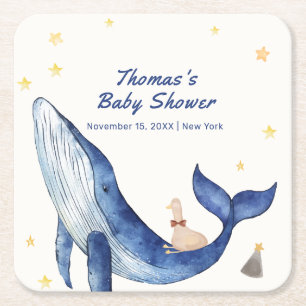 Blåhavstaktisk Anka Stars Whale Baby Shower Underlägg Papper Kvadrat