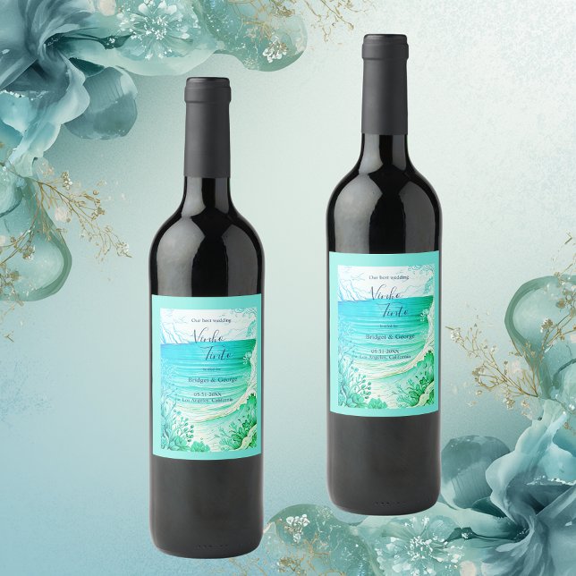 Blåhavsvika bröllop vinflaska etikett (Skapare uppladdad)