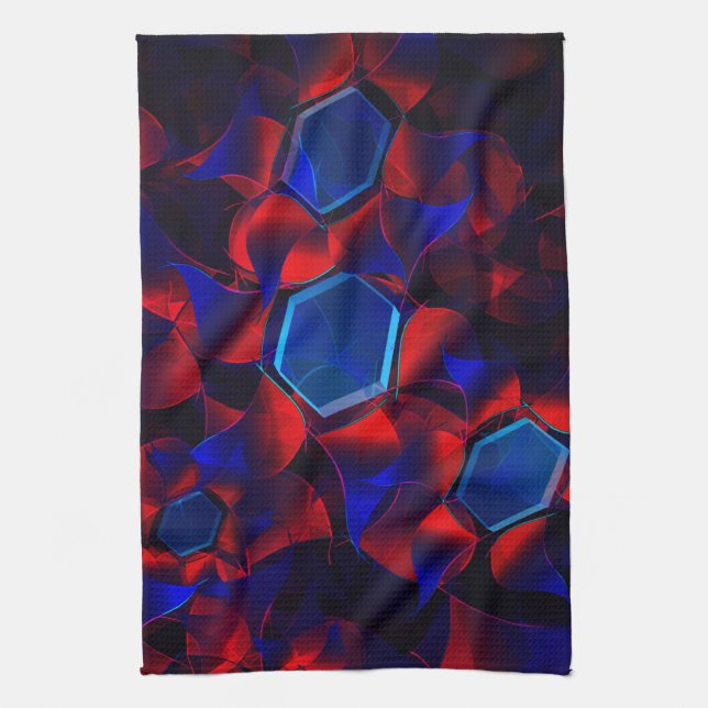 Blåhexagon blandad med överlappande rött kurvor kökshandduk (Vertikal)