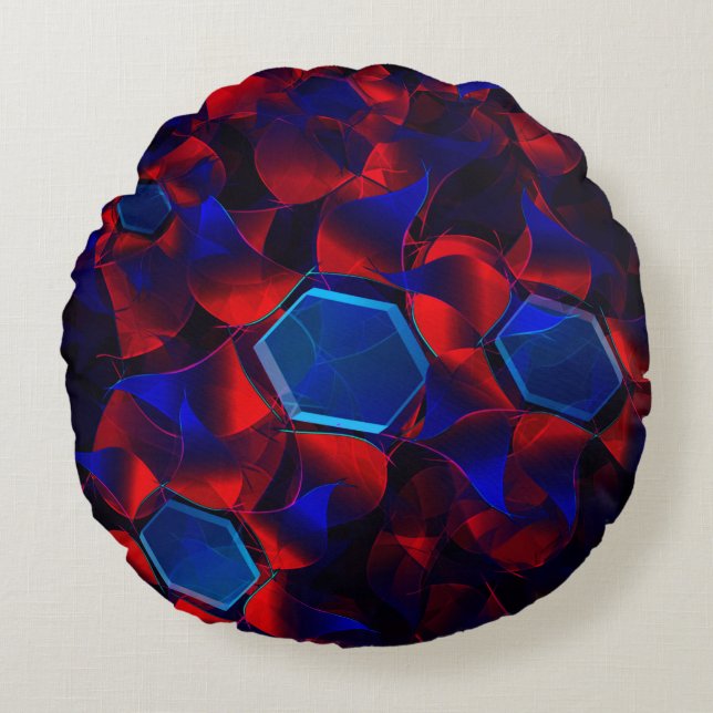 Blåhexagon blandad med överlappande rött kurvor rund kudde (Framsidan)