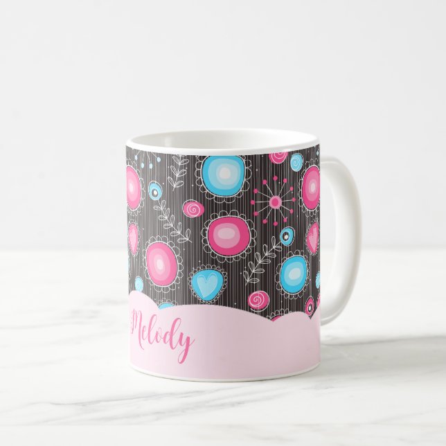 Blåhjärtan och blommor i rosa blommigt namn kaffemugg (Framsida höger)