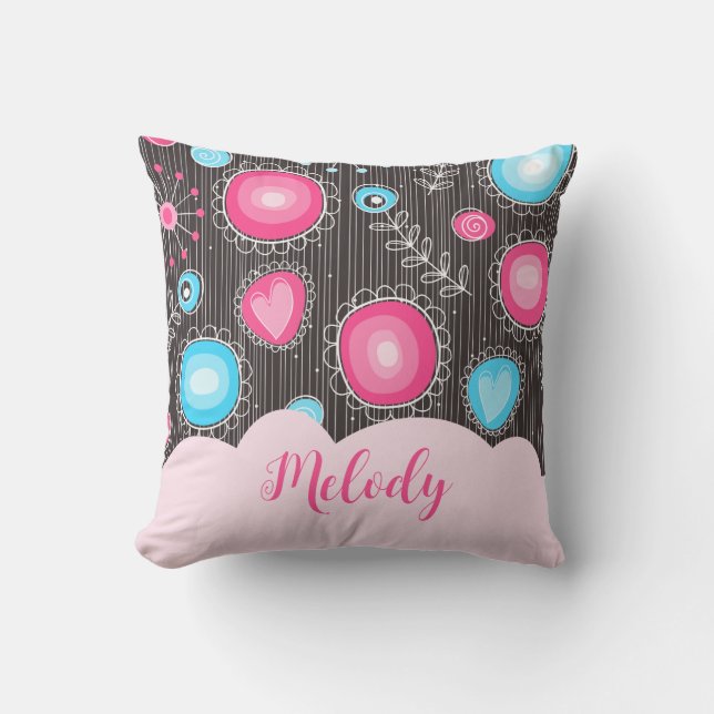 Blåhjärtan och blommor i rosa blommigt namn kudde (Framsida)