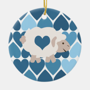 Blåhjärtan och Cute Lamb Julgransprydnad Keramik