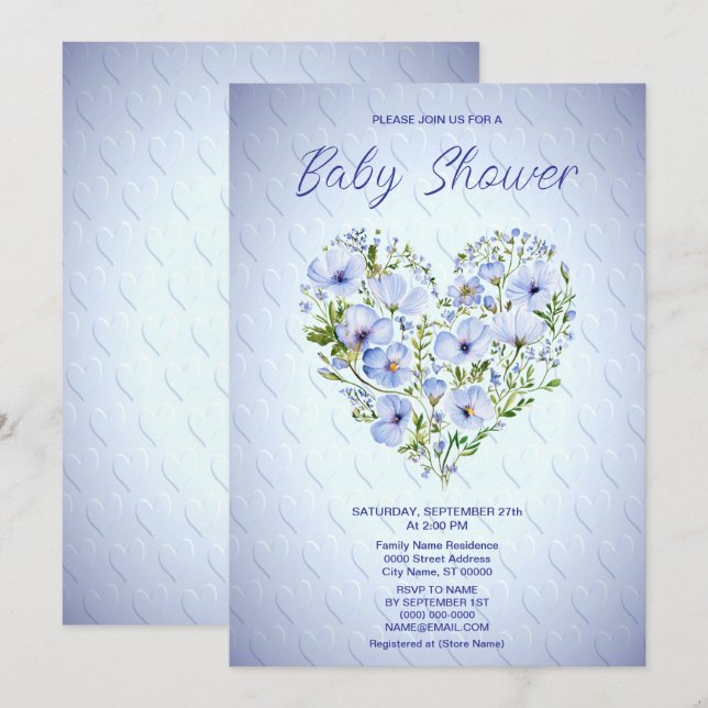 Blåhjärtans Blommigt, babykläder, inbjudan (Fram/baksida)