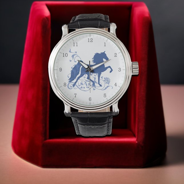 Blåhornskonstruktion för sadelrött fem gäss Elegan Armbandsur (Saddlebred Five Gait Elegant Blue Horse Design Watch)