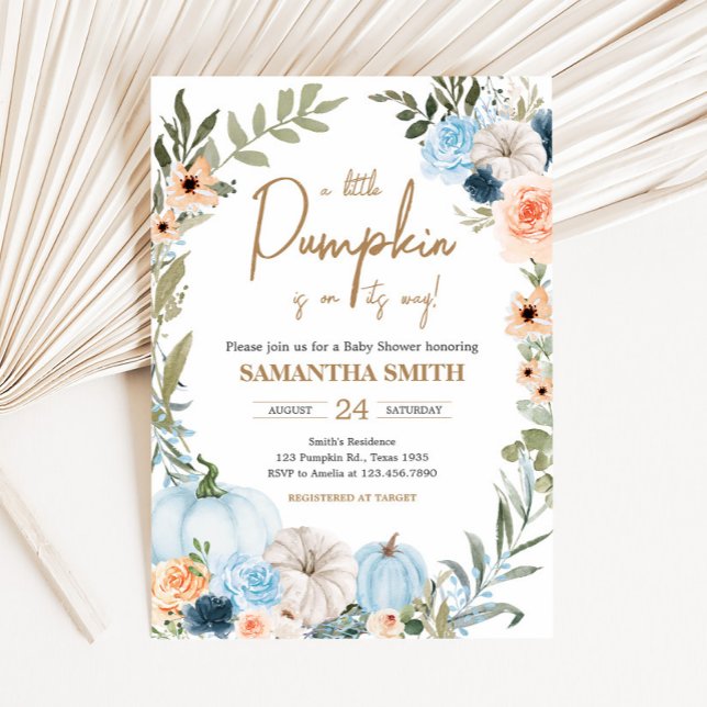 Blåhöstblommor Pumpkin Baby Shower Inbjudningar (Autumn Little Pumpkin Baby Shower Invitation)