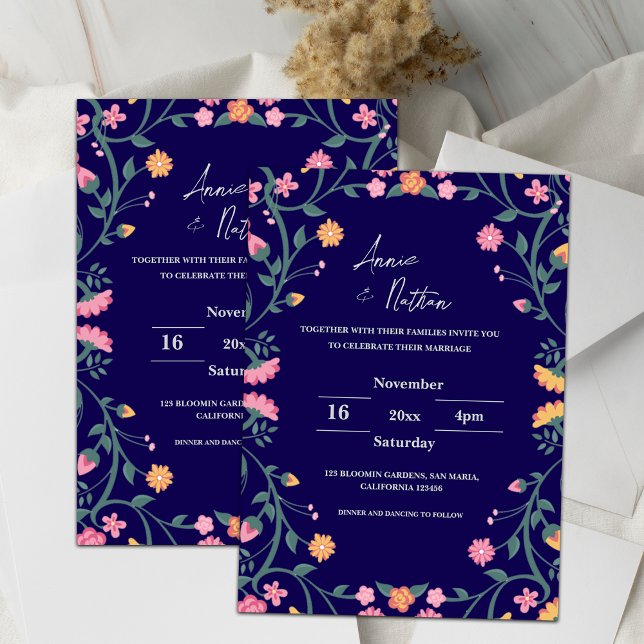 Blåig inbjudan till Intricate Blommigt Ram bröllop (Blue Intricate Floral Frame Wedding Invitation)