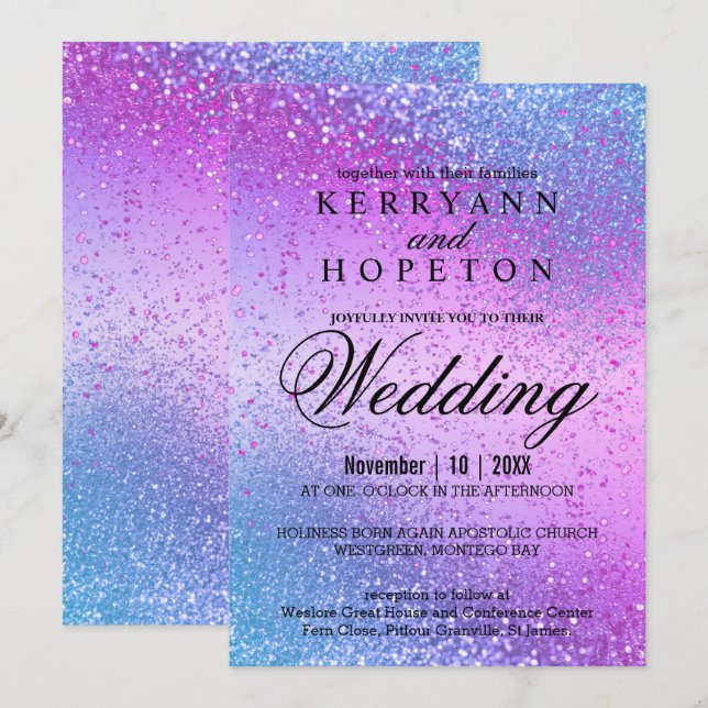 Blåinbjudan och inbjudan till Rosa Glitter (Fram/baksida)