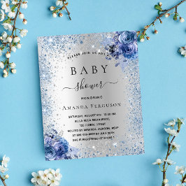 Blåinbjudan till babyduschen silver glitter blommi