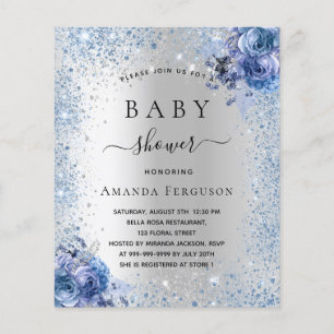 Blåinbjudan till babyduschen silver glitter blommi flygblad