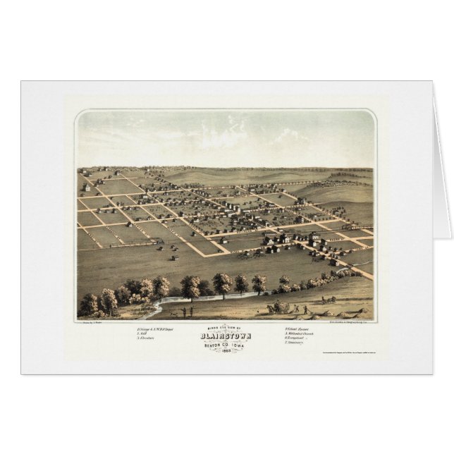Blairstown panorama- karta för IA - 1868 Hälsningskort (Framsidan Horizontal)