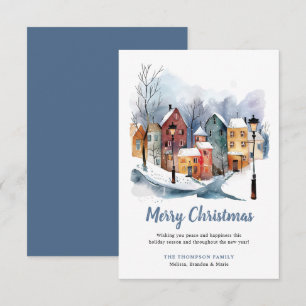 Blåjul för Winter Watercolor Houses Anteckningskort