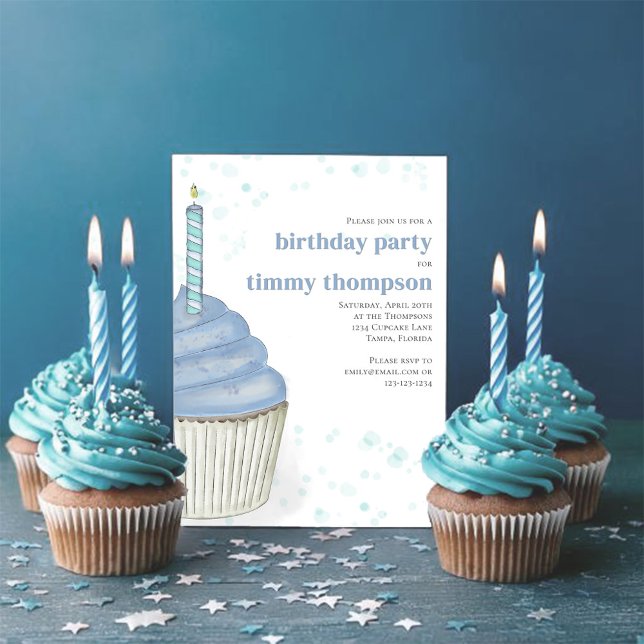 Blåkaka för första Födelsedagsfesten Inbjudningar (First birthday blue watercolor cupcake invitation.)