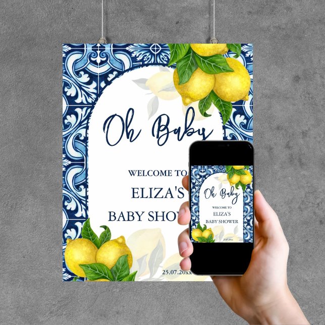 Blåkakor - Amalfi - välkomstskylt Poster (Blue tiles lemon Amalfi baby shower welcome sign template digital download personalized decor)