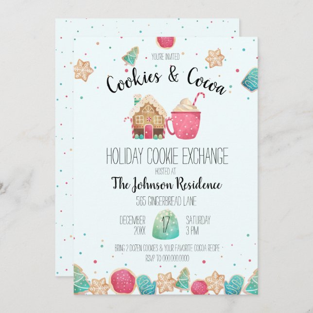 Blåkakor för utbyte av Helgdag och kakao Party Inbjudningar (Fram/baksida)