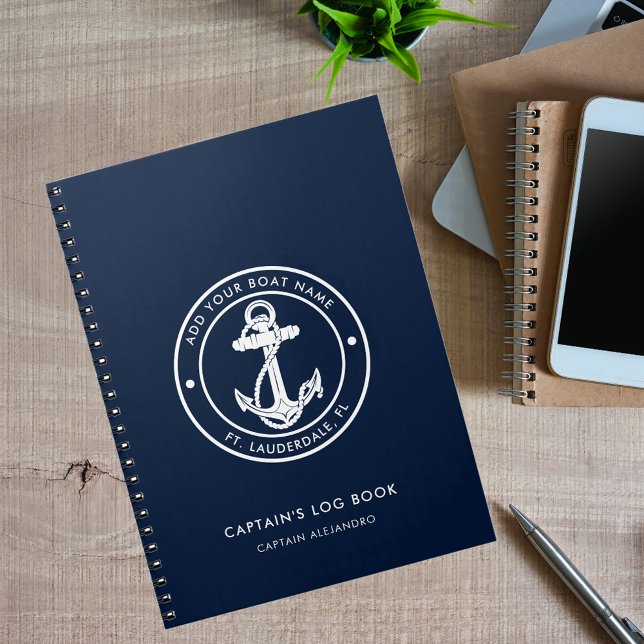 Blåkaptenens logg för marinblått sjöfartyg vid Nam Anteckningsbok (Nautical Anchor Custom Boat Name Log Book)