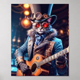 Blåkatt i steampunk som spelar gitarr i pub poster