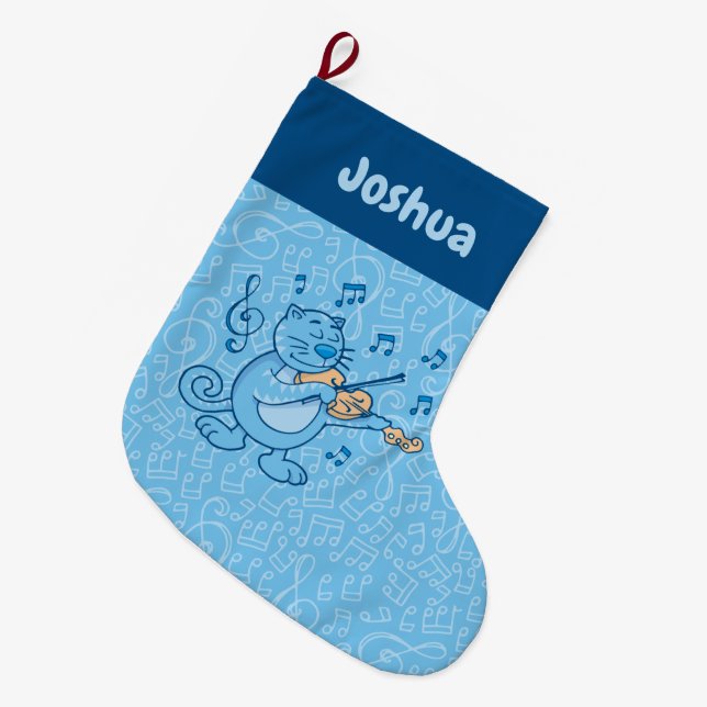 Blåkatt med Violin Large-julklapp Stor Julstrumpa (Framsidan (Hängande))