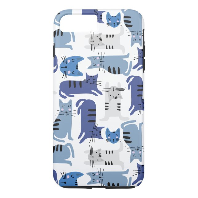 Blåkatter Case-Mate iPhone Skal (A phone case with a pattern of cartoon cats in various shades of blue and gray on a white background)