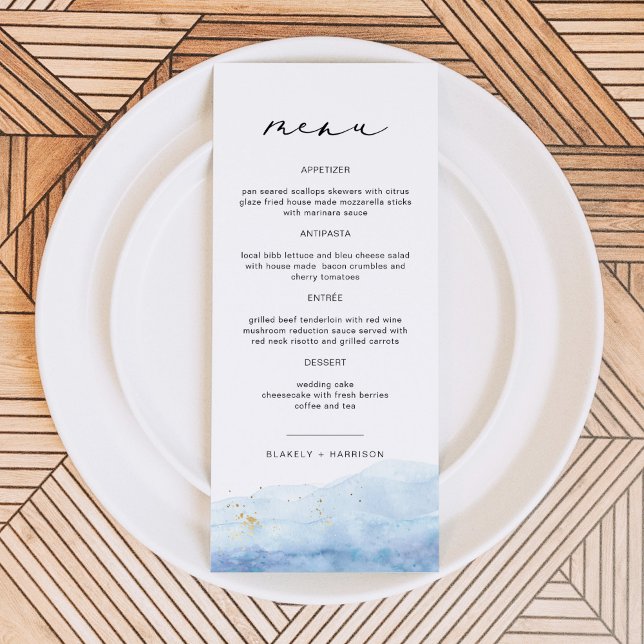 BLAKELY Dusty Blue Watercolor Beach Wedding Menu Meny (Skapare uppladdad)