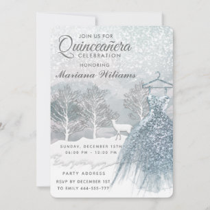 Blåklänning på vinterkanten Quinceañera Inbjudningar