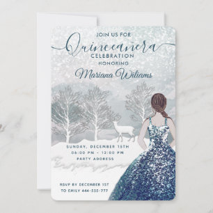 Blåklänning på vinterkanten Quinceañera Inbjudningar
