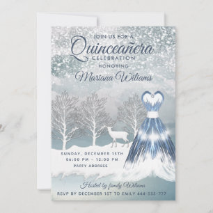 Blåklänning på vinterkanten Quinceañera Inbjudningar