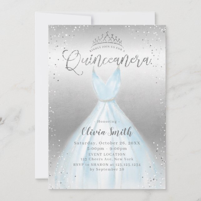 Blåklänning Quinceañera elegant glitter Inbjudningar (Framsida)
