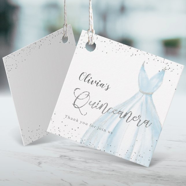 Blåklänning quinceañera elegant silver gåvor etiketter (Elegant glitter silver blue dress quinceañera favor tags)