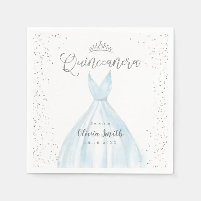 Blåklänning quinceañera elegant silver pappersservett (Framsidan)