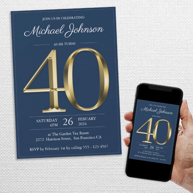 Blåklasser i guld 40:e födelsedag Party Inbjudningar (Gold Navy Blue Classy 40th Birthday Party Invitation)