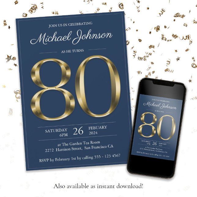 Blåklassig elegant Guld 80:e Födelsedagsfesten Inbjudningar (80th Eightieth Gold Text Navy Blue Classy Birthday Invitation)