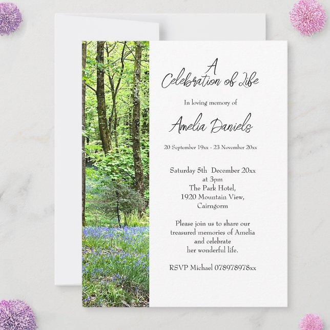 Blåklocka Skog Livets Firande Kort (Woodland burial Celebration of Life Cards)
