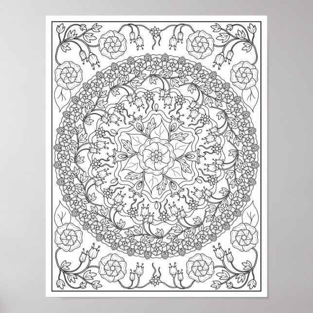 Blåklockor och Vinrankor Mandala Vuxen Färgning Poster (Framsidan)