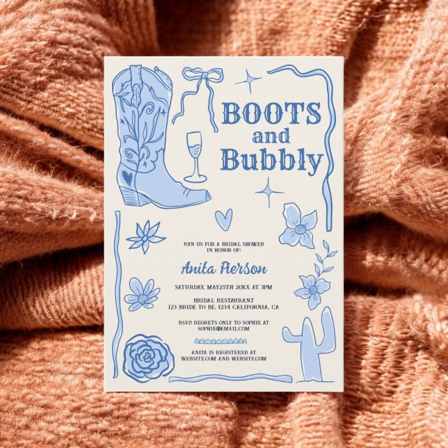 Blåklumpar stövlar möhippa i bubblor inbjudningar (Blue scribbles boots bubbly bridal shower invitation)