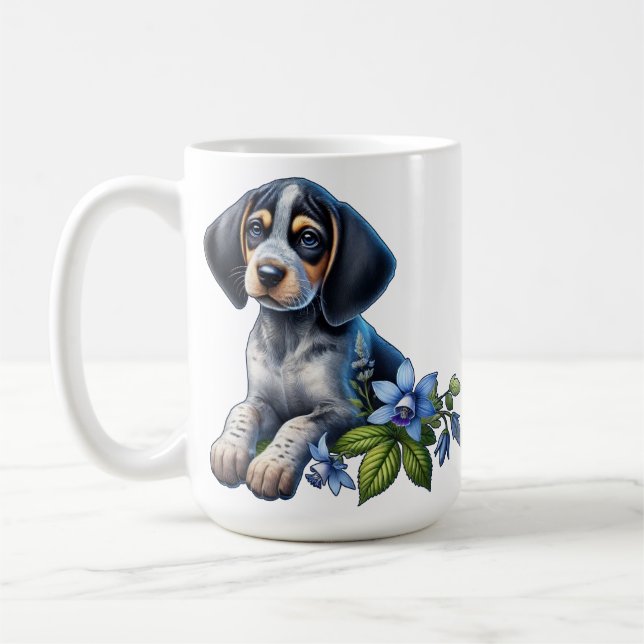 Blåknapp hundvalpen med delikat Blåa blommor Kaffemugg (Vänster)
