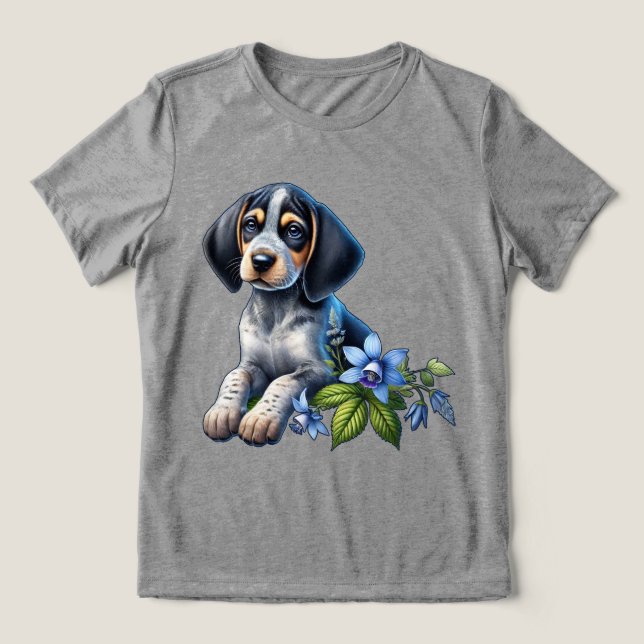 Blåknapp hundvalpen med delikat Blåa blommor T Shirt (Design Framsida)
