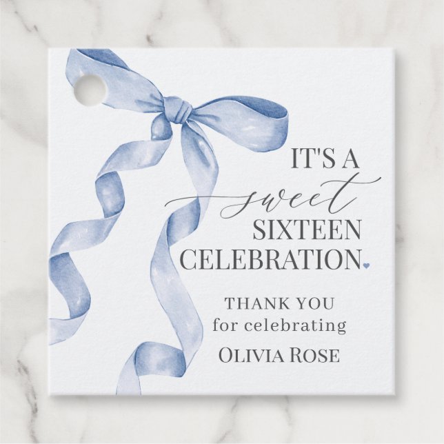 Blåkokvett Bow Girl Sweet 16 Födelsedagsfester Gåvor Etiketter (Framsida)